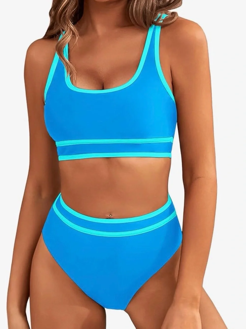 Women's Blue Two-Tone High-Waist Swim Set